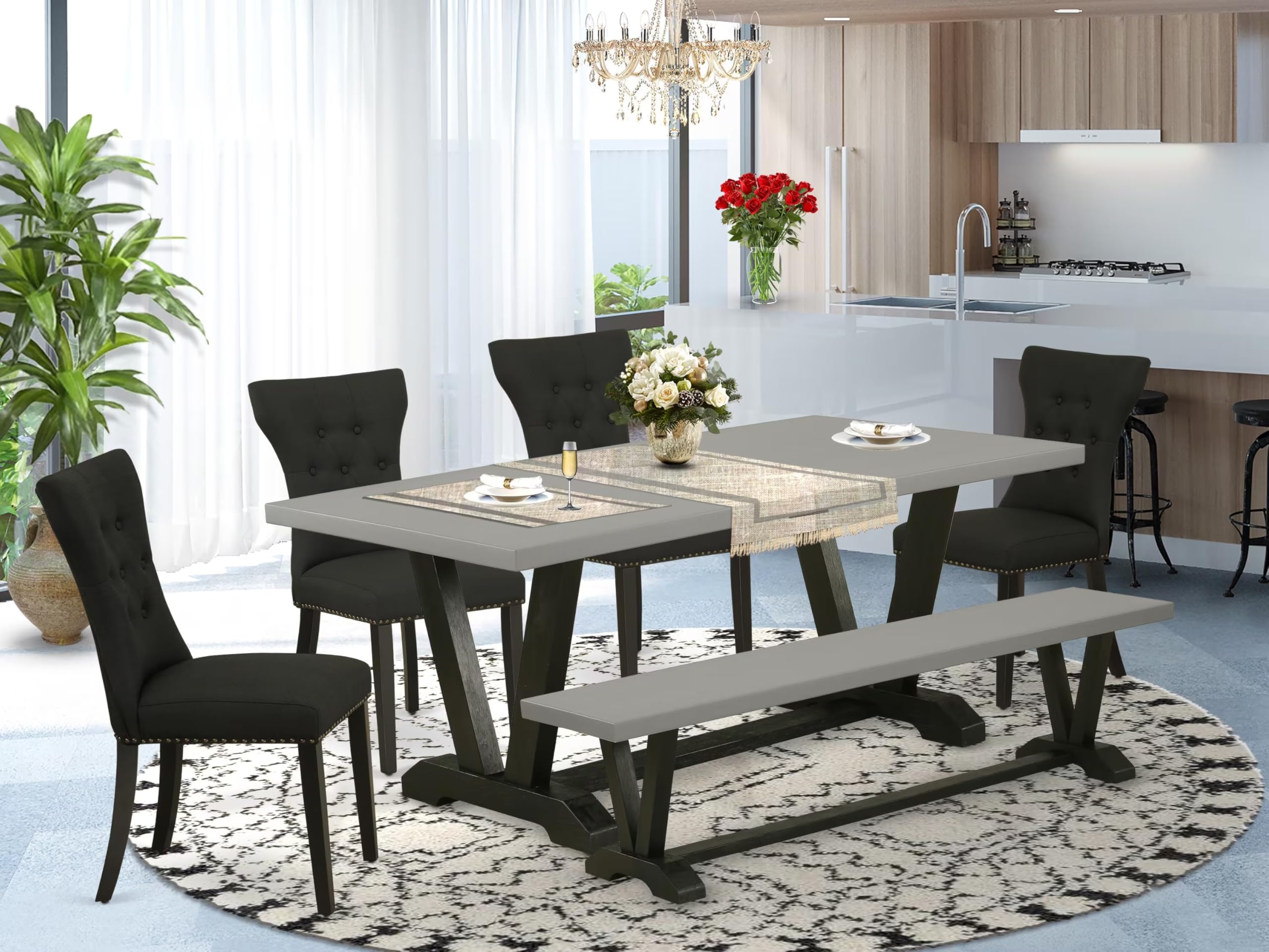 East West Furniture V697Ga124-6 6 Piece Modern Dining Table Set Contains A Rectangle Wooden Table With V-Legs And 4 Black Linen Fabric Parson Chairs With A Bench, 40X72 Inch, Multi-Color